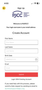 MyPJCC Create Account - form to complete to create MyPJCC account