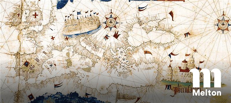 May contain a historical map with geographical markings and symbols.