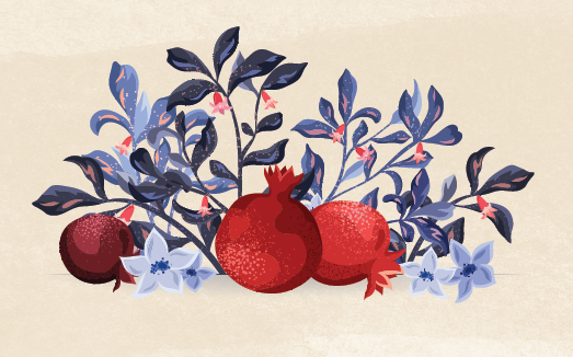 May contain two red pomegranates, leaves, and flowers.
