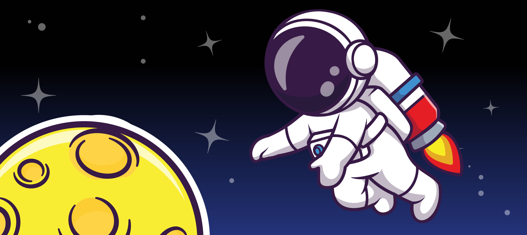 May contain a person in an astronaut suit with a rocket pack, and a yellow moon.