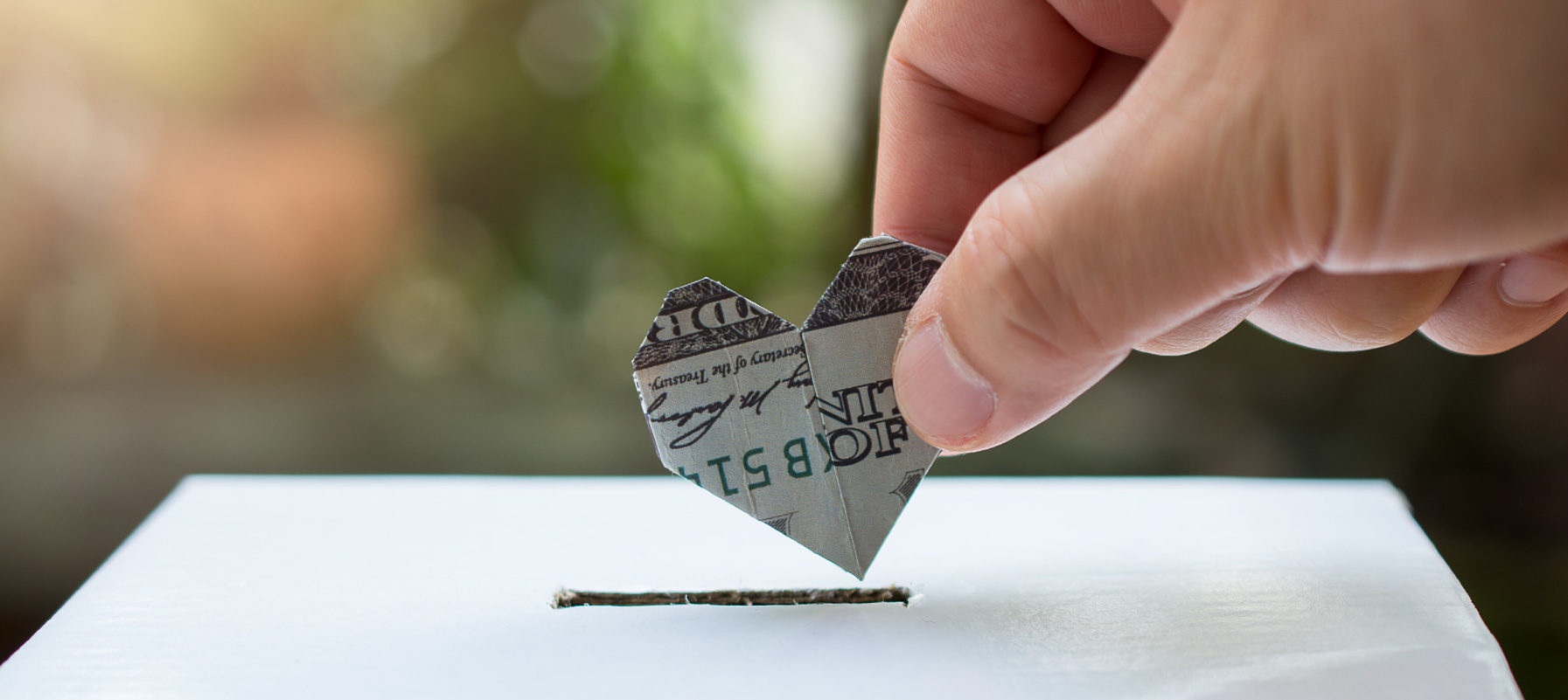 May contain a person's hand placing a folded origami heart made of money into a donation box.